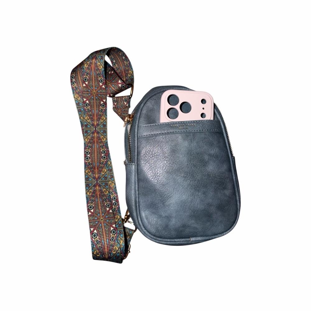 Women's faux Leather Sling Bag in Dusty Blue with Patterned Strap. - Picture 6 of 7